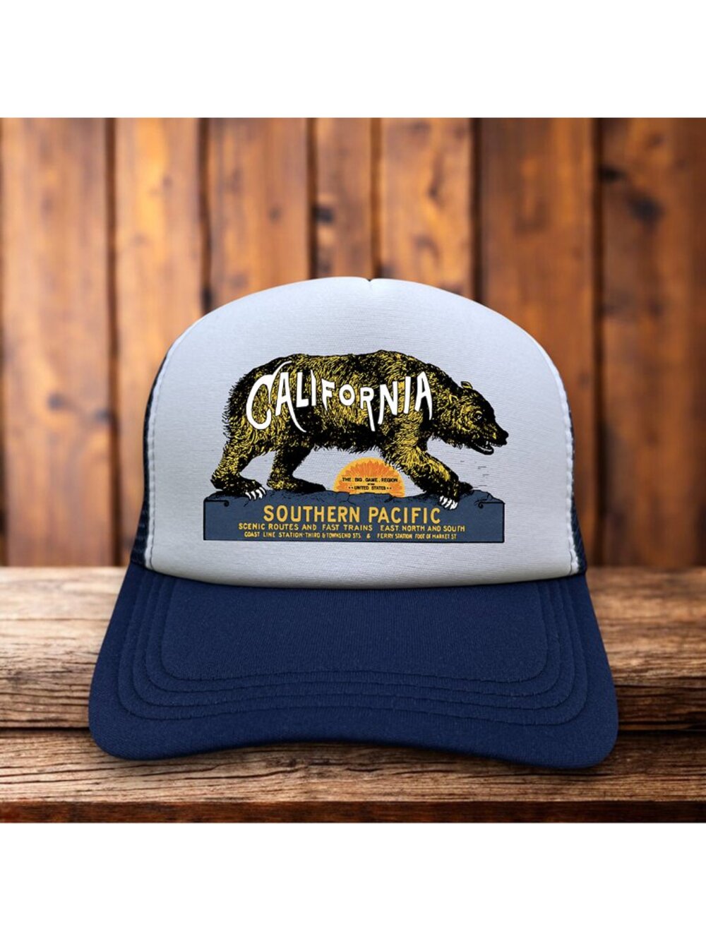 Defunct Southern Pacific Railroad Mens Trucker Hat Navy Snapback California Bear